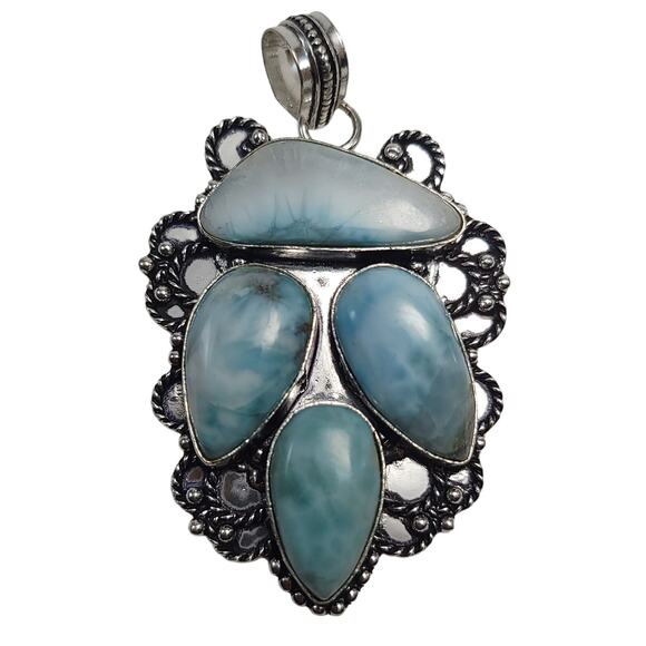 Quad Stone Larimar Sterling Pendant (2") on 18" Necklace - Picture 1 of 8